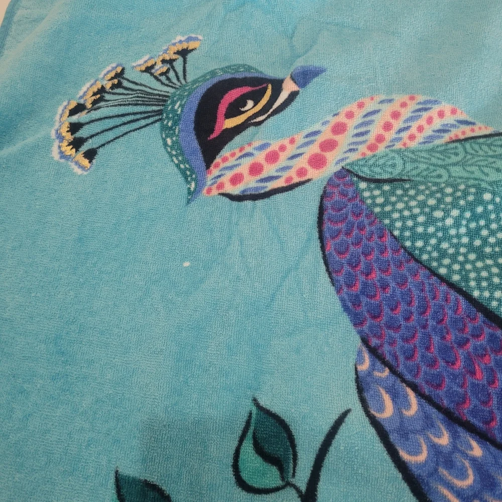 Colorful Peacock Giant Beach Towel Aqua Feathers Oversized Blue Graphic Print